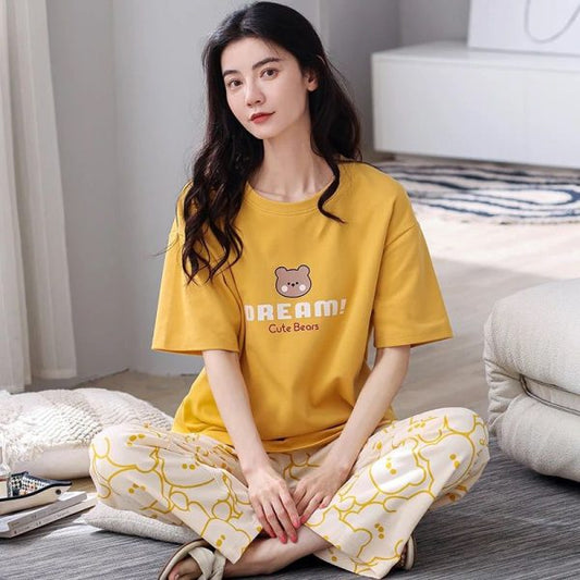 Yellow Dream Bear Shirt with Off-White Bear Print Trousers - Girls & Women’s Suit